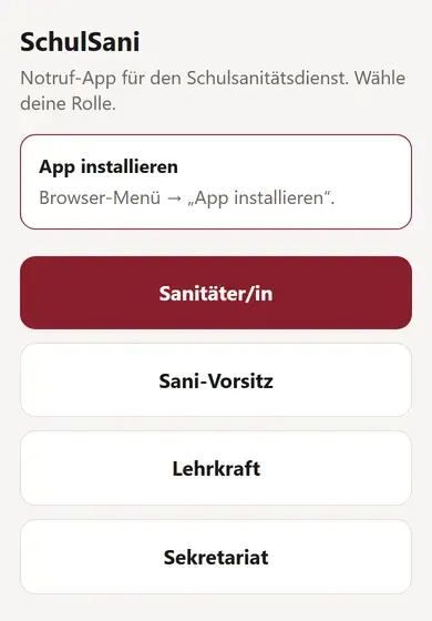 Die Web-App beginnt mit der Wahl der Rolle.