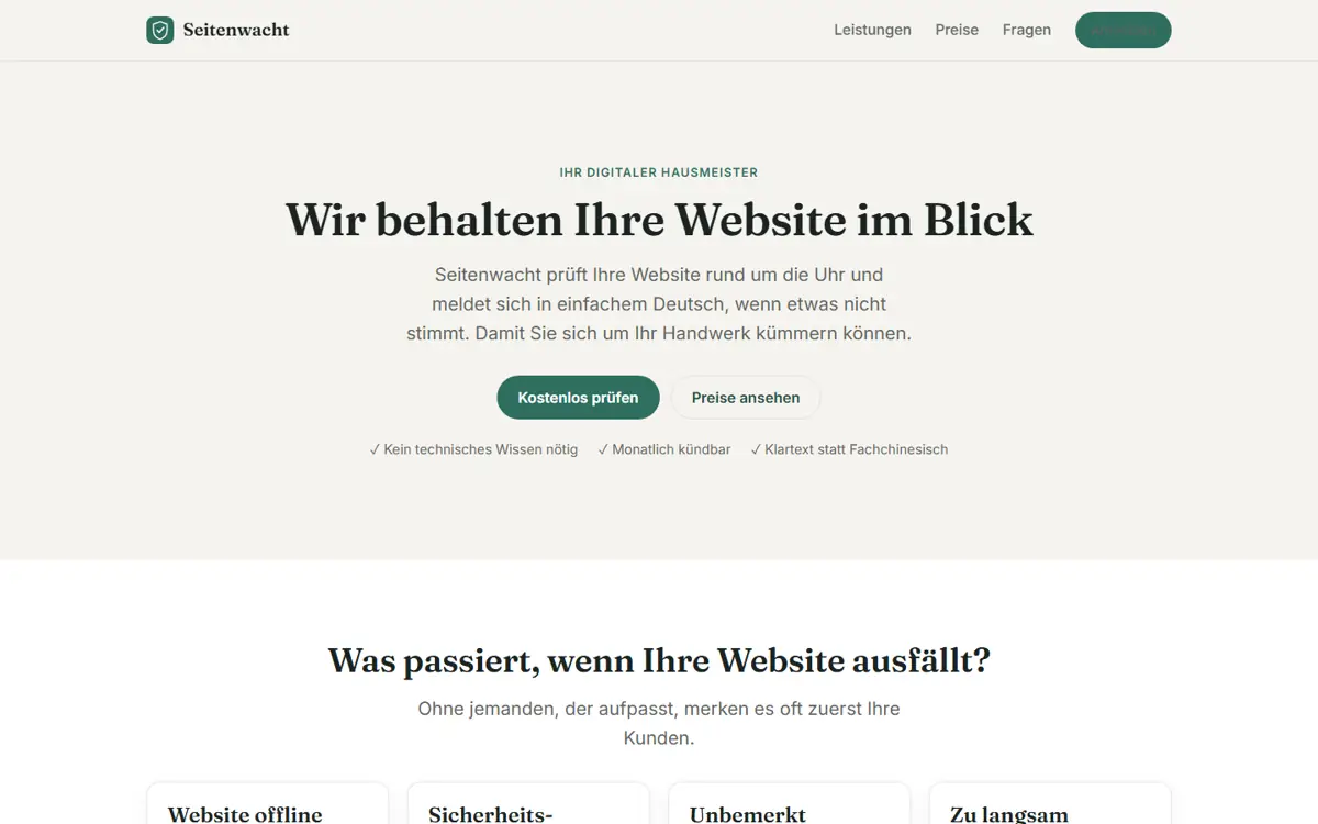 Seitenwacht erklärt Inhabern ohne Technikwissen, was mit ihrer Website los ist.