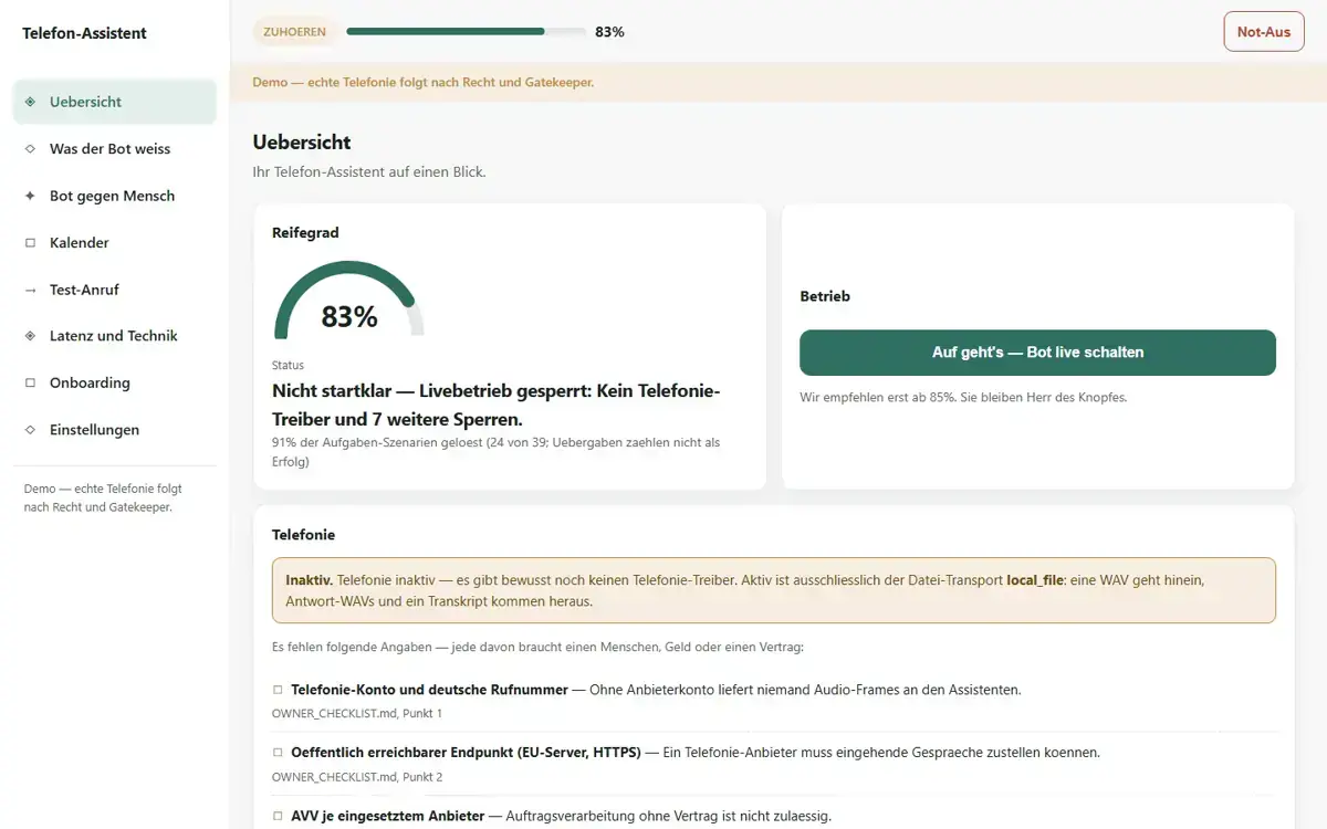 Das Cockpit: Der Assistent misst seinen Reifegrad selbst und bleibt gesperrt, bis Telefonie und Verträge stehen.