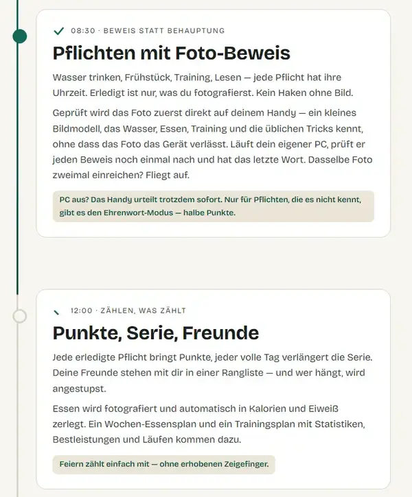 Pflichten zählen nur mit Foto-Beweis, dazu Punkte, Serien und eine Rangliste mit Freunden.